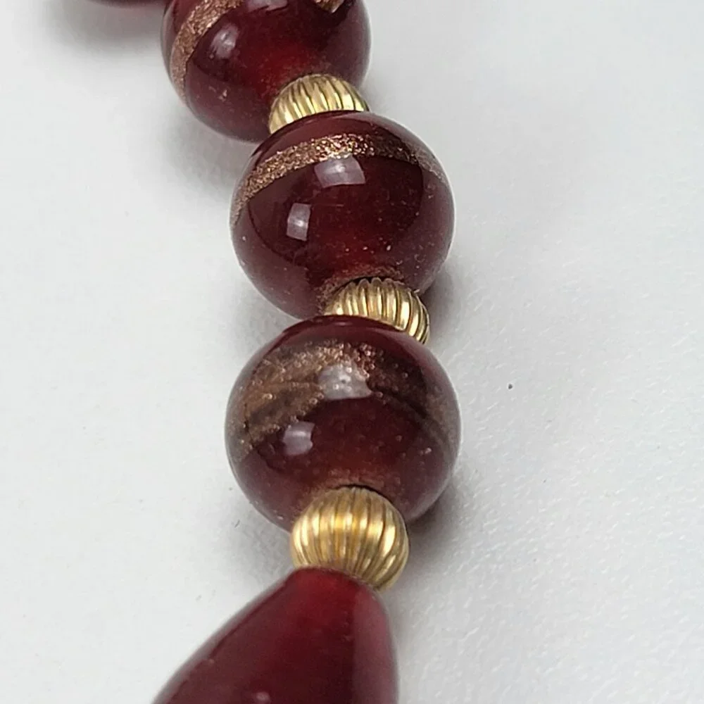 Vtg. Crimson Red Faux-Amber Glass Art Beaded Necklace Gold Plated Fishhook 19 In